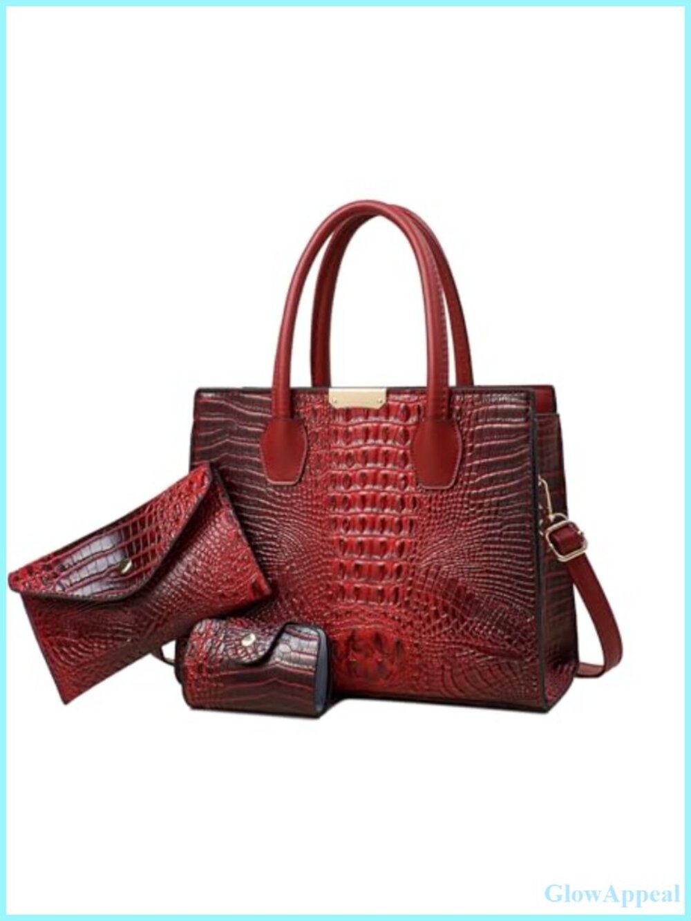 Crocodile Embossed Faux Leather 3 Piece Tote Handbag Set with Wallet